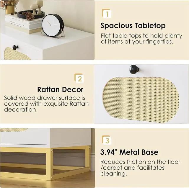 Alt view image 6 of 7 - Toytexx Inc Modern Rattan Storage Cabinet with 3 Drawers & 2 Doors - 47" White Sideboard Buffet Console with Gold Metal Base for Entryway, Living Room, Bedroom & Home Organization