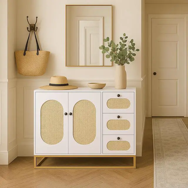 Main image of Toytexx Inc Modern Rattan Storage Cabinet with 3 Drawers & 2 Doors - 47" White Sideboard Buffet Console with Gold Metal Base for Entryway, Living Room, Bedroom & Home Organization