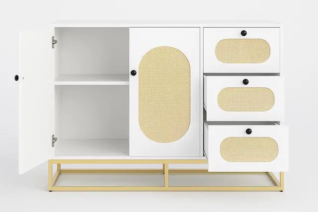 Alt view image 5 of 7 - Toytexx Inc Modern Rattan Storage Cabinet with 3 Drawers & 2 Doors - 47" White Sideboard Buffet Console with Gold Metal Base for Entryway, Living Room, Bedroom & Home Organization