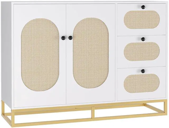 Alt view image 7 of 7 - Toytexx Inc Modern Rattan Storage Cabinet with 3 Drawers & 2 Doors - 47" White Sideboard Buffet Console with Gold Metal Base for Entryway, Living Room, Bedroom & Home Organization