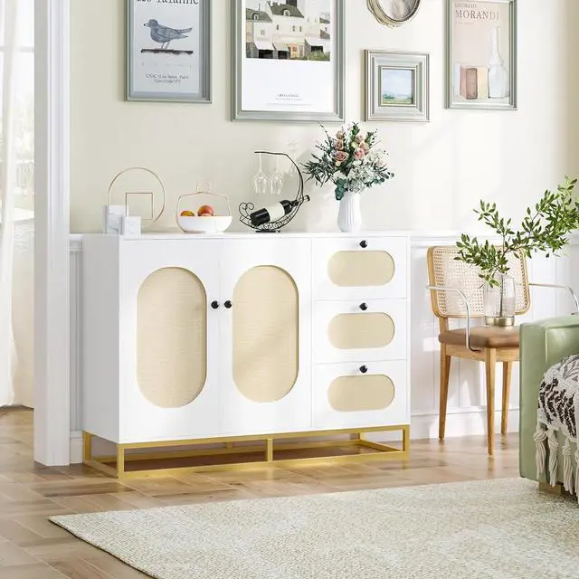 Alt view image 3 of 7 - Toytexx Inc Modern Rattan Storage Cabinet with 3 Drawers & 2 Doors - 47" White Sideboard Buffet Console with Gold Metal Base for Entryway, Living Room, Bedroom & Home Organization