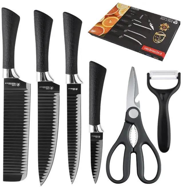 Main image of Toytexx Inc 6-Piece Kitchen Knife Set with Scissors & Ceramic Peeler - Ultra-Sharp Stainless Steel Non-Stick Corrugated Blades, Ergonomic Handles - Chef, Cleaver, Carving & Paring Knives