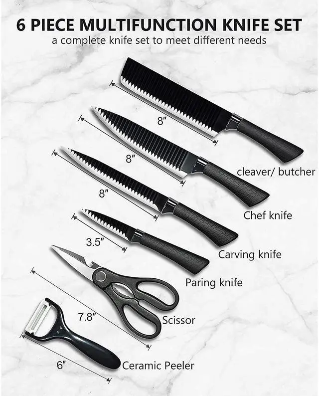 Alt view image 6 of 6 - Toytexx Inc 6-Piece Kitchen Knife Set with Scissors & Ceramic Peeler - Ultra-Sharp Stainless Steel Non-Stick Corrugated Blades, Ergonomic Handles - Chef, Cleaver, Carving & Paring Knives