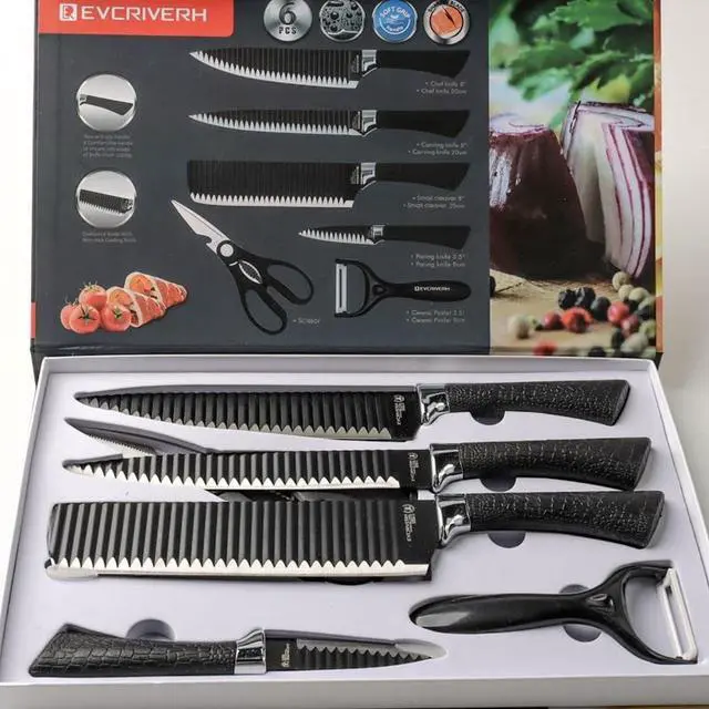 Alt view image 5 of 6 - Toytexx Inc 6-Piece Kitchen Knife Set with Scissors & Ceramic Peeler - Ultra-Sharp Stainless Steel Non-Stick Corrugated Blades, Ergonomic Handles - Chef, Cleaver, Carving & Paring Knives