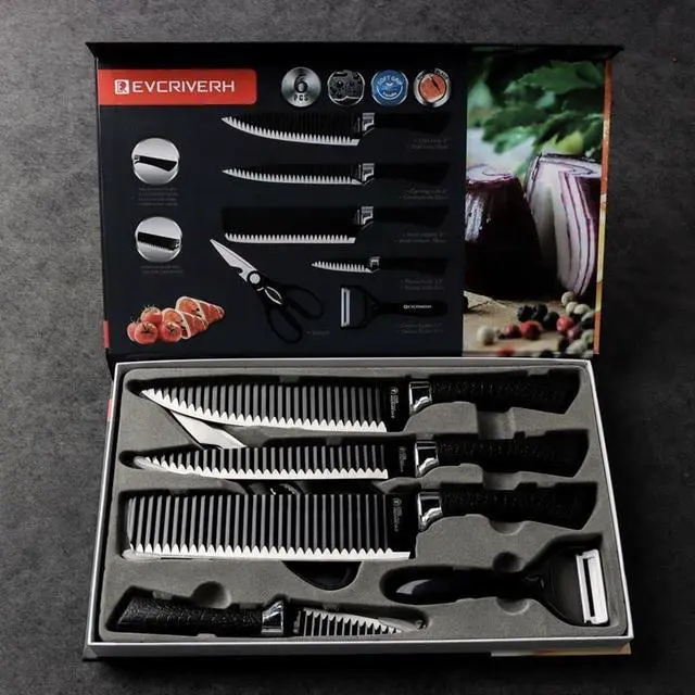 Alt view image 3 of 6 - Toytexx Inc 6-Piece Kitchen Knife Set with Scissors & Ceramic Peeler - Ultra-Sharp Stainless Steel Non-Stick Corrugated Blades, Ergonomic Handles - Chef, Cleaver, Carving & Paring Knives