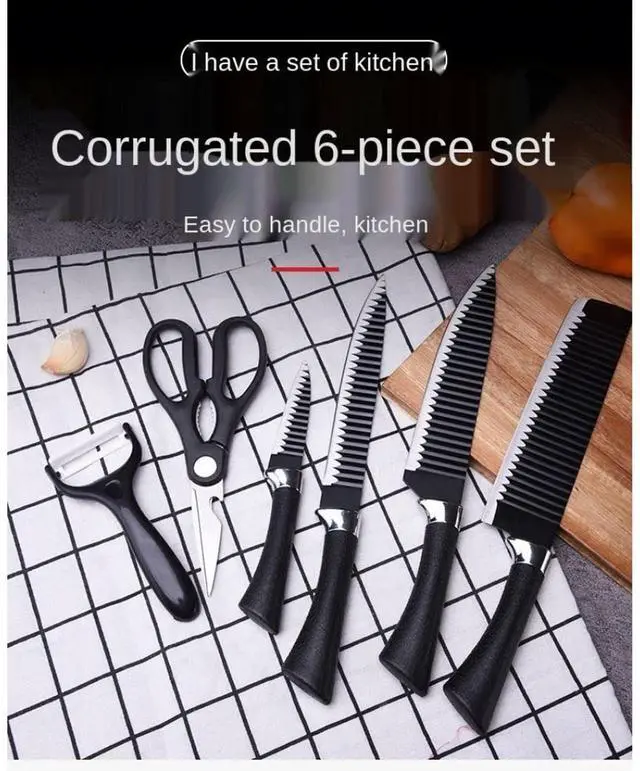 Alt view image 4 of 6 - Toytexx Inc 6-Piece Kitchen Knife Set with Scissors & Ceramic Peeler - Ultra-Sharp Stainless Steel Non-Stick Corrugated Blades, Ergonomic Handles - Chef, Cleaver, Carving & Paring Knives