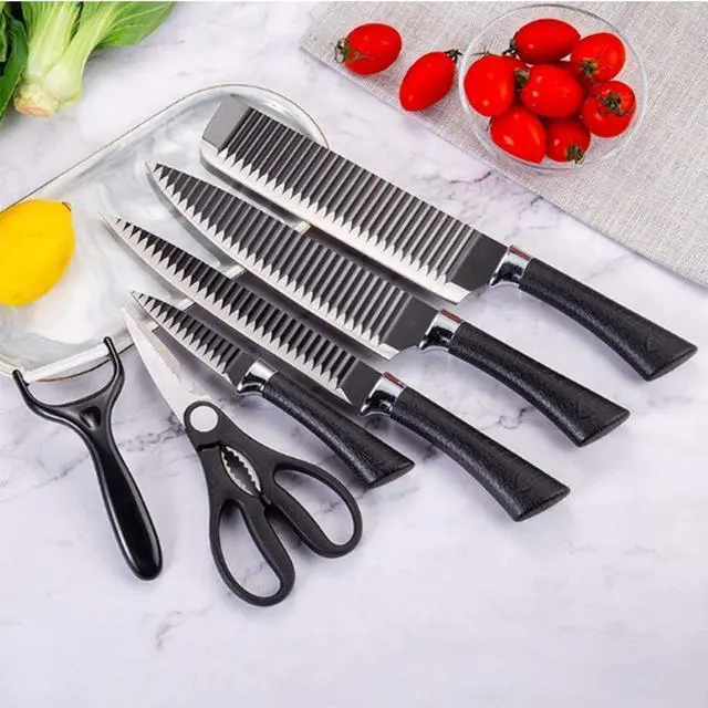 Alt view image 2 of 6 - Toytexx Inc 6-Piece Kitchen Knife Set with Scissors & Ceramic Peeler - Ultra-Sharp Stainless Steel Non-Stick Corrugated Blades, Ergonomic Handles - Chef, Cleaver, Carving & Paring Knives