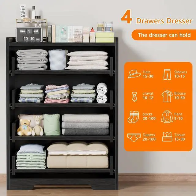 Alt view image 6 of 7 - Toytexx Inc 4-Drawer Dresser - Black Modern Storage Cabinet with Deep Drawers, Anti-Dropping Top Shelf, Smooth Glide Tracks & Anti-Tip Safety, Bedroom Organizer