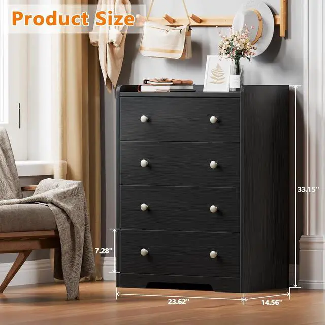 Main image of Toytexx Inc 4-Drawer Dresser - Black Modern Storage Cabinet with Deep Drawers, Anti-Dropping Top Shelf, Smooth Glide Tracks & Anti-Tip Safety, Bedroom Organizer