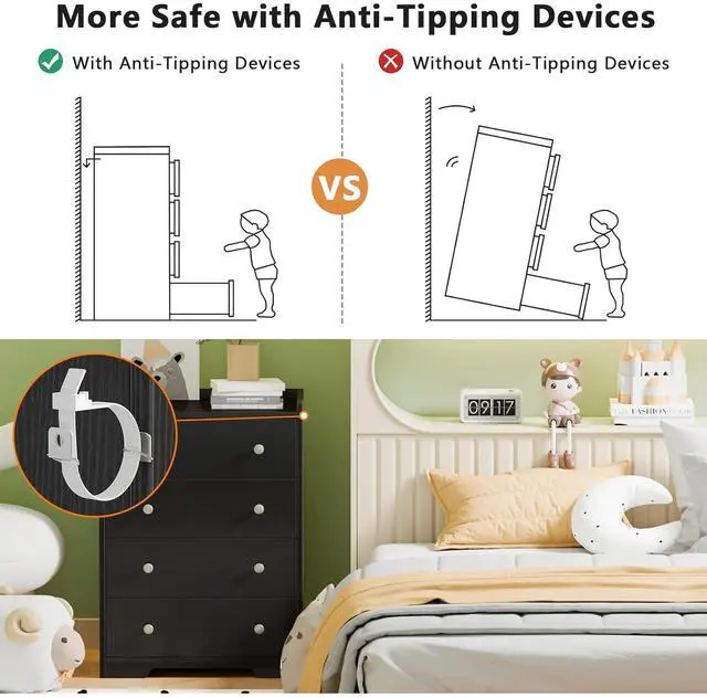 Alt view image 5 of 7 - Toytexx Inc 4-Drawer Dresser - Black Modern Storage Cabinet with Deep Drawers, Anti-Dropping Top Shelf, Smooth Glide Tracks & Anti-Tip Safety, Bedroom Organizer