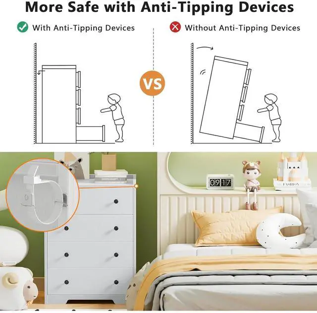 Alt view image 6 of 7 - Toytexx Inc 4-Drawer Dresser - White Modern Storage Cabinet with Deep Drawers, Anti-Dropping Top Shelf, Smooth Glide Tracks & Anti-Tip Safety, Bedroom Organizer