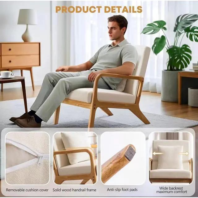 Alt view image 3 of 7 - Toytexx Inc Mid-Century Modern Accent Chair, Solid Wood Frame Upholstered Armchair with Wide Cushioned Seat & Removable Cover for Living Room or Bedroom