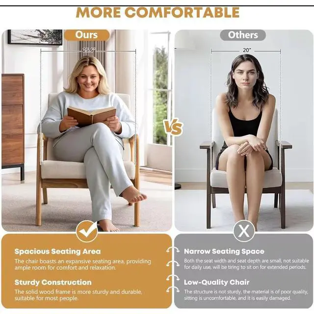 Alt view image 4 of 7 - Toytexx Inc Mid-Century Modern Accent Chair, Solid Wood Frame Upholstered Armchair with Wide Cushioned Seat & Removable Cover for Living Room or Bedroom