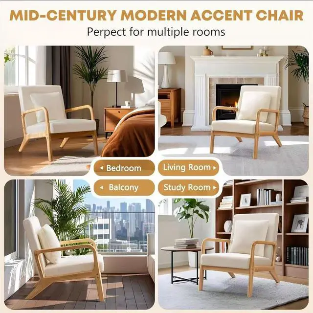 Alt view image 2 of 7 - Toytexx Inc Mid-Century Modern Accent Chair, Solid Wood Frame Upholstered Armchair with Wide Cushioned Seat & Removable Cover for Living Room or Bedroom