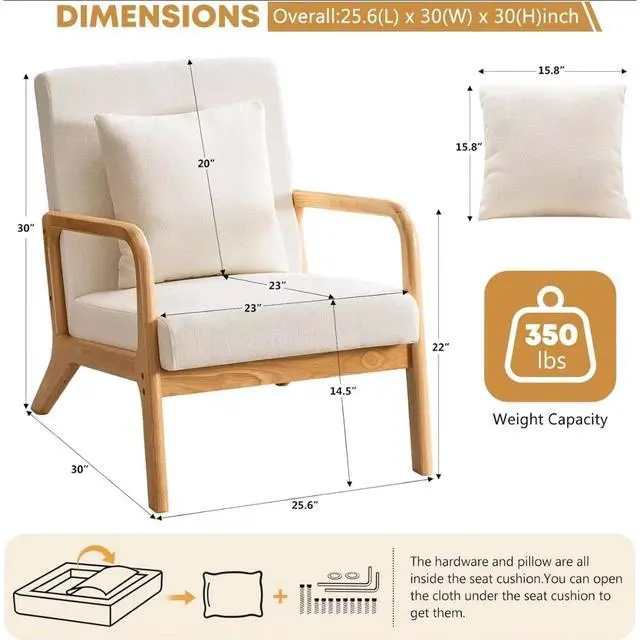 Alt view image 5 of 7 - Toytexx Inc Mid-Century Modern Accent Chair, Solid Wood Frame Upholstered Armchair with Wide Cushioned Seat & Removable Cover for Living Room or Bedroom