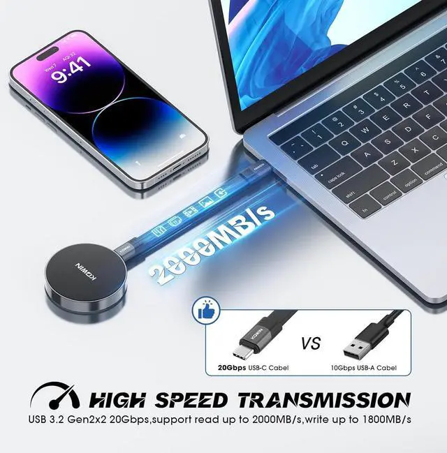 Alt view image 2 of 7 - KOWIN LPS2000M USB 3.2 Gen 2x2 Magnetic Portable SSD 1TB, R/W up to 2000/1800MB/s, Black, High Speed NVME Protocol Type-C Interface (Can Directly Connect to Mobile Phone)External SSD