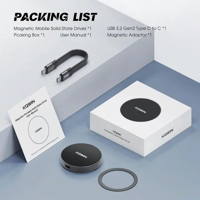 Alt view image 7 of 7 - KOWIN LPS2000M USB 3.2 Gen 2x2 Magnetic Portable SSD 1TB, R/W up to 2000/1800MB/s, Black, High Speed NVME Protocol Type-C Interface (Can Directly Connect to Mobile Phone)External SSD