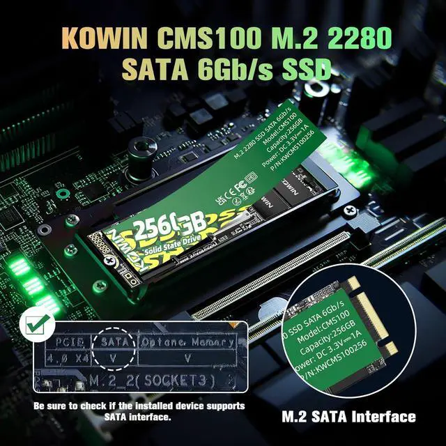 Alt view image 3 of 7 - KOWIN CMS100 M.2 SATA 6Gb/s SSD 256GB, R/W up to 510/510MB/s,SATA3.0 M.2 2280 interface desktop/laptop universal computer hard drive high-speed SATA6Gb/s built-in solid state drive 256GB