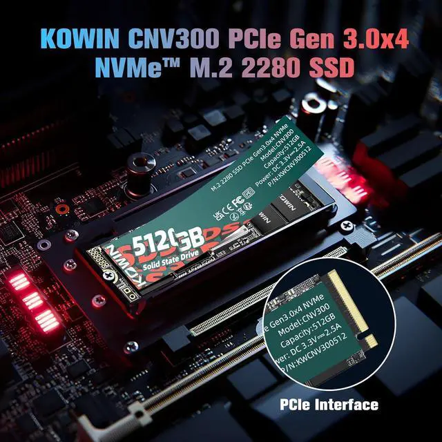 Alt view image 2 of 7 - KOWIN CNV300 PCIe Gen 3.0x4 NVMe M.2 2280 SSD 512GB, R/W up to 3450/2700MB/s,NVME 3.0 protocol desktop/laptop universal computer hard drive high-speed PCIE built-in solid state drive 512GB