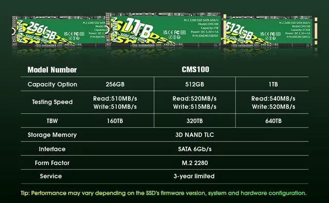 Alt view image 5 of 6 - KOWIN CMS100 M.2 SATA 6Gb/s SSD 512GB, R/W up to 520/515MB/s,SATA3.0 M.2 2280 interface desktop/laptop universal computer hard drive high-speed SATA6Gb/s built-in solid state drive 512GB