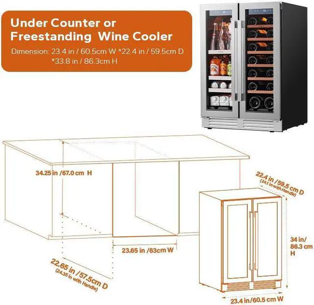 Alt view image 2 of 7 - Ca'Lefort 24 Inch Wine and Beverage Refrigerator, 60 Can and 21 Bottle Wine Cooler Refrigerator 34-54°F, 3 LED Dual Zone Wine Fridge Glass Door, Built-in or Freestanding for Home/Kitchen (4.09 cu.ft)