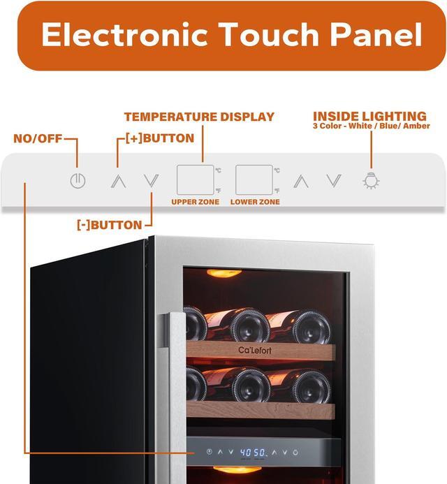 Alt view image 6 of 7 - Ca'Lefort 15 Inch Wine Fridge, 28 Bottle Wine Cooler Refrigerator with Glass Door, 3 LED Dual Zone Wine cllear, Built-in or Freestanding for Home/Bar/Kitchen (3.0 cu.ft)