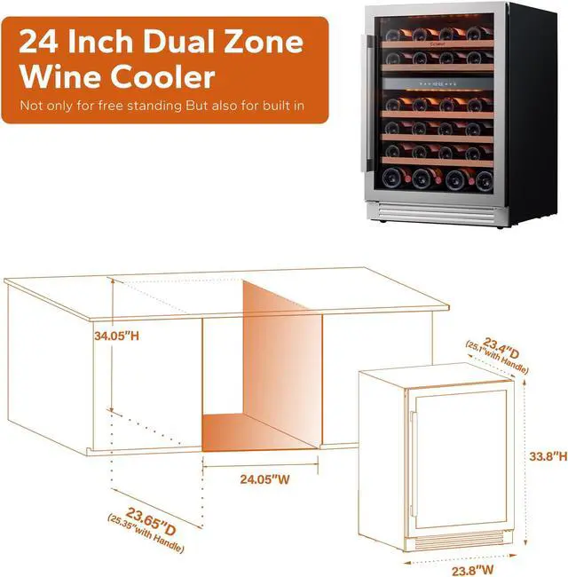 Alt view image 4 of 7 - Ca'Lefort 24inch Wine Refrigerator Cooler, 46 Bottle Wine fridge, 40-65°F Dual Zone Wine Cellar Glass Door, 3 LED Built-in or Freestanding for Home/Bar/Kitchen (5.65 cu.ft)