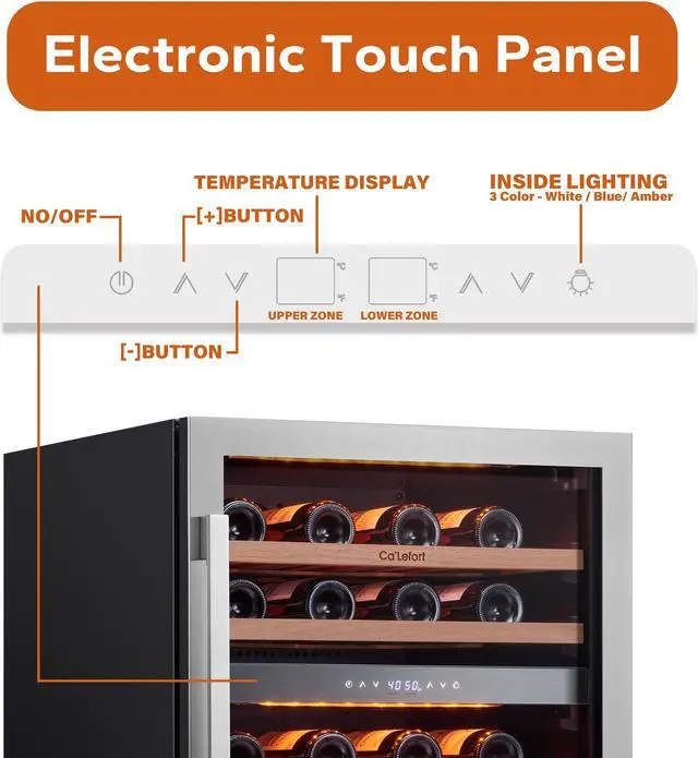 Alt view image 6 of 7 - Ca'Lefort 24inch Wine Refrigerator Cooler, 46 Bottle Wine fridge, 40-65°F Dual Zone Wine Cellar Glass Door, 3 LED Built-in or Freestanding for Home/Bar/Kitchen (5.65 cu.ft)