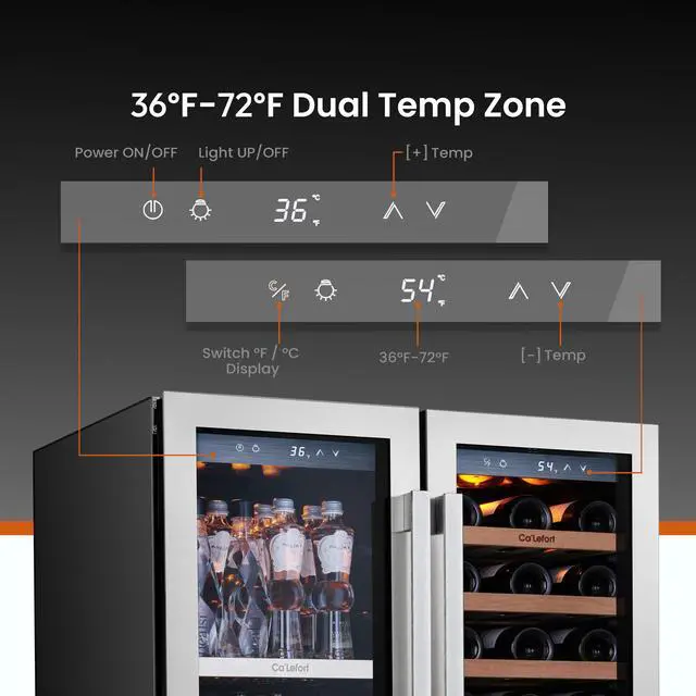 Alt view image 4 of 7 - Ca'Lefort 30 Inch Wine and Beverage Refrigerator, 80 Can and 33 Bottle French Door Wine Fridge,3 LED Dual Zone Wine Cellar Glass Door, Built-in or Freestanding for Home/Kitchen (6.00 cu.ft)
