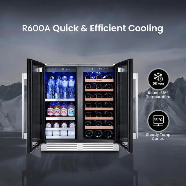 Alt view image 3 of 7 - Ca'Lefort 30 Inch Wine and Beverage Refrigerator, 80 Can and 33 Bottle French Door Wine Fridge,3 LED Dual Zone Wine Cellar Glass Door, Built-in or Freestanding for Home/Kitchen (6.00 cu.ft)
