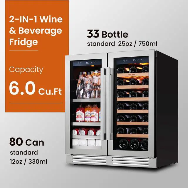 Alt view image 2 of 7 - Ca'Lefort 30 Inch Wine and Beverage Refrigerator, 80 Can and 33 Bottle French Door Wine Fridge,3 LED Dual Zone Wine Cellar Glass Door, Built-in or Freestanding for Home/Kitchen (6.00 cu.ft)