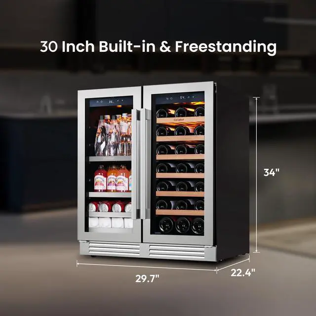 Alt view image 7 of 7 - Ca'Lefort 30 Inch Wine and Beverage Refrigerator, 80 Can and 33 Bottle French Door Wine Fridge,3 LED Dual Zone Wine Cellar Glass Door, Built-in or Freestanding for Home/Kitchen (6.00 cu.ft)
