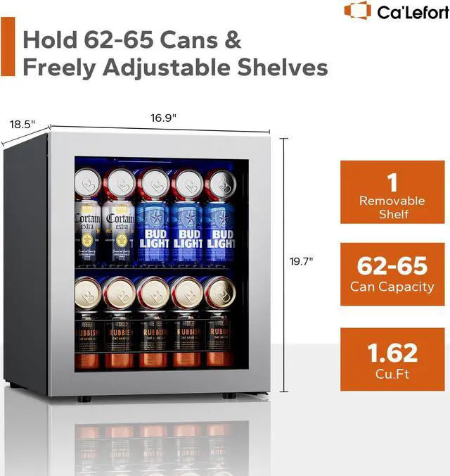 Alt view image 2 of 7 - Ca'Lefort 65 Can Beverage Cooler - 1.62 Cu. Ft. Freestanding Mini Fridge with Glass Door, Ideal for Beer and Soda Storage with Temperature Range of 38-68°F, Perfect for Bedroom, Office, and Bar