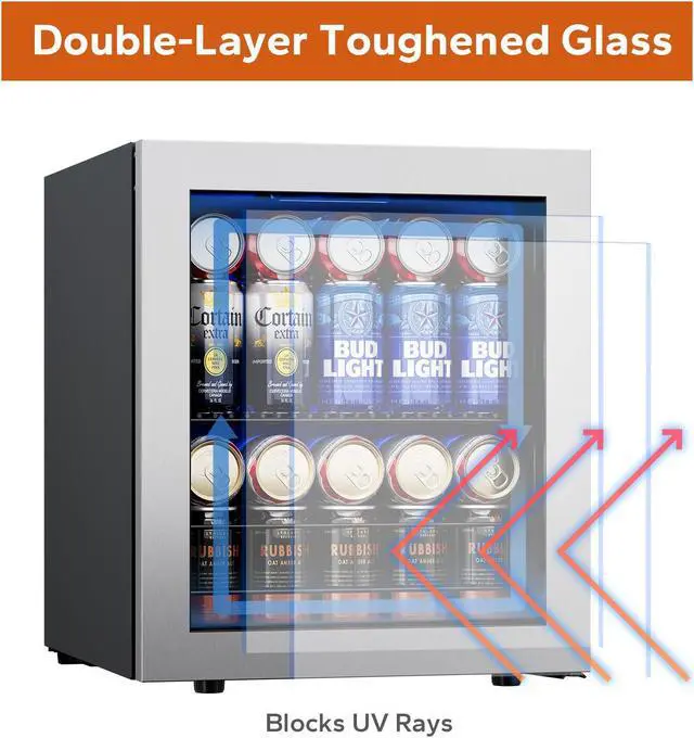 Alt view image 3 of 7 - Ca'Lefort 65 Can Beverage Cooler - 1.62 Cu. Ft. Freestanding Mini Fridge with Glass Door, Ideal for Beer and Soda Storage with Temperature Range of 38-68°F, Perfect for Bedroom, Office, and Bar