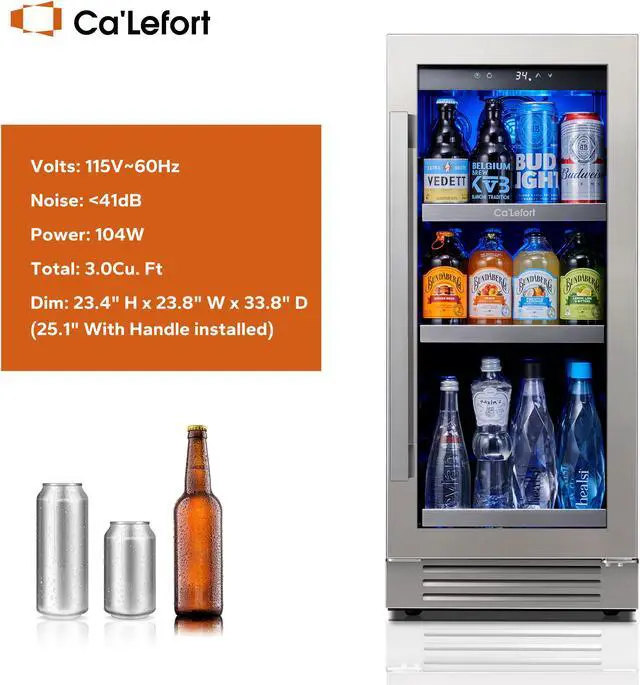 Alt view image 4 of 7 - Ca'Lefort 15 Inch Beverage Cooler - 80 Can Refrigerator with Glass Door, Ideal for Home/Kitchen Use, Designed for Built-in or Freestanding Installation (3.0 cu.ft)