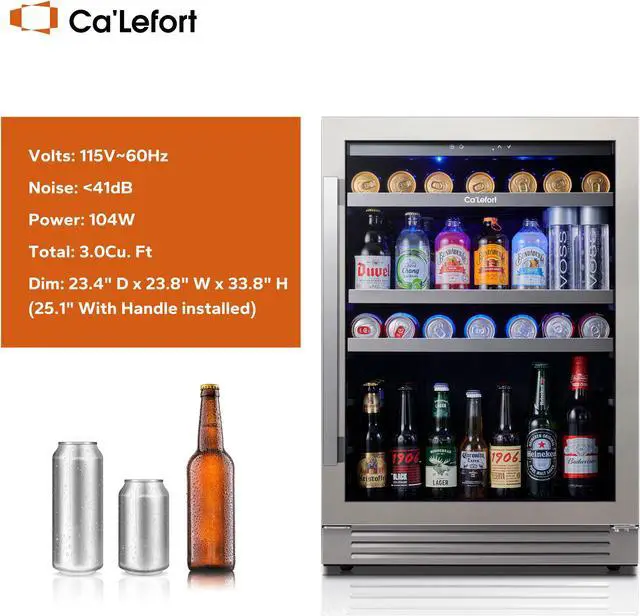 Alt view image 2 of 7 - Ca'Lefort 24 Inch Beverage Refrigerator Cooler - 180 Can Capacity Drink Fridge with Glass Door and 3 LED Lights, Built-in or Freestanding for Home/Kitchen (5.65 cu.ft)