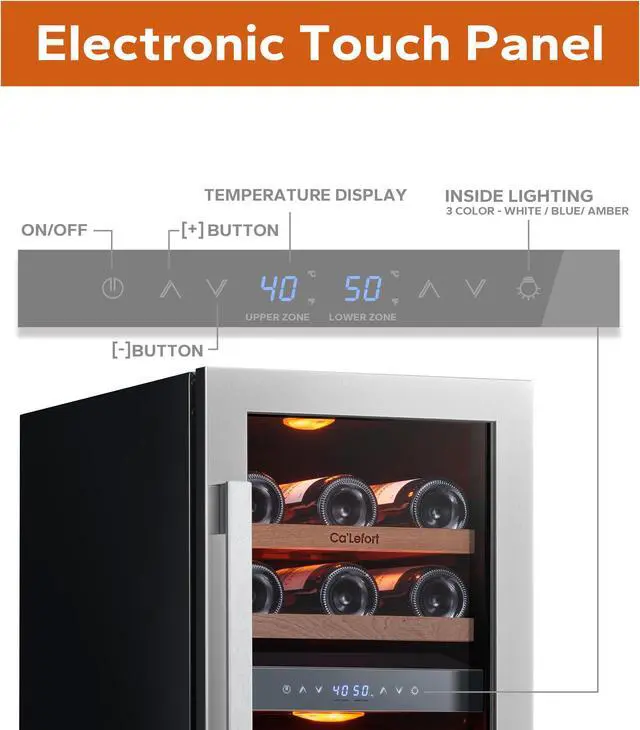 Alt view image 4 of 7 - Ca'Lefort 15 Inch Wine Cooler - 28 Bottle Refrigerator with Glass Door, 3 LED Dual Zone Features, Ideal for Built-in or Freestanding Wine Storage in Home, Bar, or Kitchen (3.0 cu.ft)