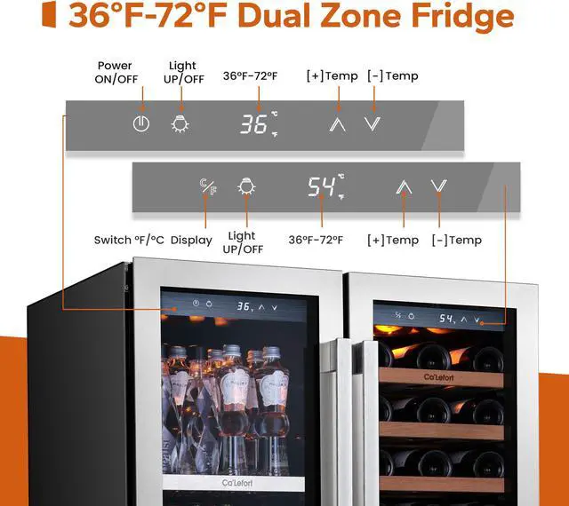 Alt view image 4 of 7 - Ca'Lefort 30 Inch Wine and Beverage Refrigerator - 80 Can and 33 Bottle French Door Wine Fridge with 3 LED Lights, Dual Zone Glass Door, Built-in or Freestanding for Home/Kitchen (6.00 cu.ft)