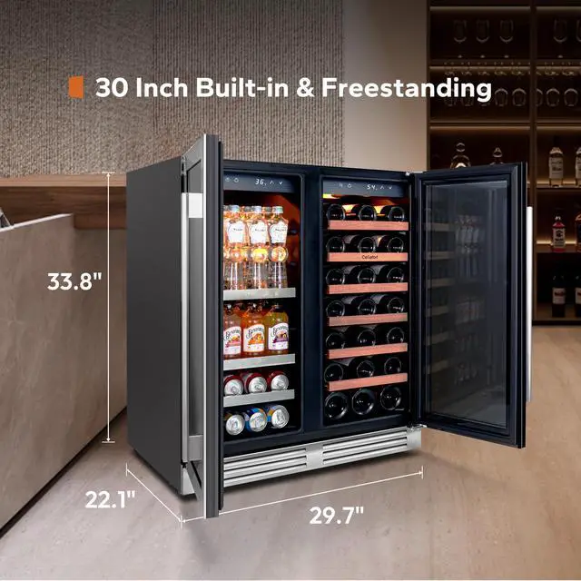 Alt view image 6 of 7 - Ca'Lefort 30 Inch Wine and Beverage Refrigerator - 80 Can and 33 Bottle French Door Wine Fridge with 3 LED Lights, Dual Zone Glass Door, Built-in or Freestanding for Home/Kitchen (6.00 cu.ft)