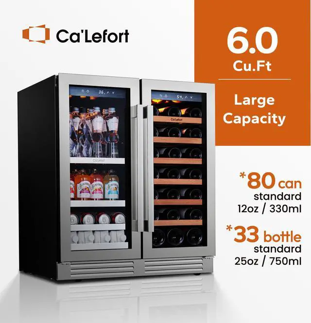 Alt view image 2 of 7 - Ca'Lefort 30 Inch Wine Fridge and Beverage Refrigerator - 80 Can and 33 Bottle Capacity with Dual Zone 3 LED Lighting and Glass Door Perfect for Home/Kitchen Use, Built-in or Freestanding (6.00 cu.ft)