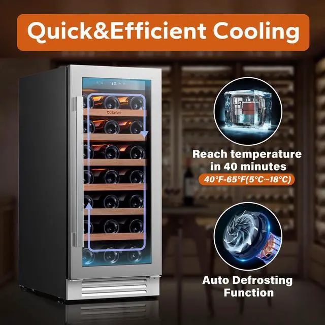 Alt view image 7 of 7 - Ca'Lefort Energy-Efficient Wine Fridge - R600a Eco Cooling & Auto Defrost Power Outage Memory + Temp Locking | Sabili Wood Shelves for 33 Bottles/Cans