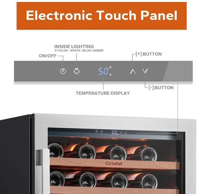 Alt view image 4 of 7 - Ca'Lefort Energy-Efficient Wine Fridge - R600a Compressor & Sabili Wood Shelves ETL-Certified 54-Bottle Capacity | Amber/White/Blue LED Display for Elegant Storage