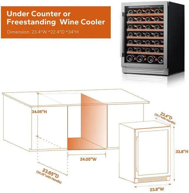 Alt view image 6 of 7 - Ca'Lefort Energy-Efficient Wine Fridge - R600a Compressor & Sabili Wood Shelves ETL-Certified 54-Bottle Capacity | Amber/White/Blue LED Display for Elegant Storage