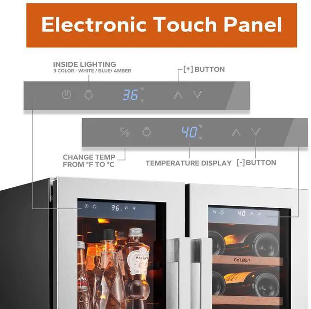 Alt view image 4 of 7 - Ca'Lefort 116L Dual-Zone Wine & Beverage Cooler - 2-22°C & 34°F Precision Cooling Fingerprint-Resistant Steel Door + 4.10 Cu.Ft Storage | Sabili Wood Shelves for Home/Bar