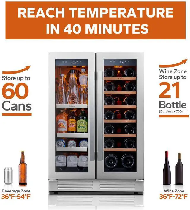 Alt view image 3 of 7 - Ca'Lefort 116L Dual-Zone Wine & Beverage Cooler - 2-22°C & 34°F Precision Cooling Fingerprint-Resistant Steel Door + 4.10 Cu.Ft Storage | Sabili Wood Shelves for Home/Bar
