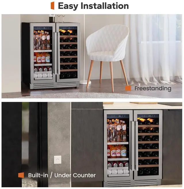 Alt view image 4 of 7 - Ca'Lefort 170L Dual-Zone Wine & Beverage Cooler - 54°F/34°F Precision Cooling & Fingerprint-Resistant Steel 6.01 Cu.Ft Capacity + Sabili Wood/PVC Shelves | Amber/White/Blue LED Lighting for Home/Bar