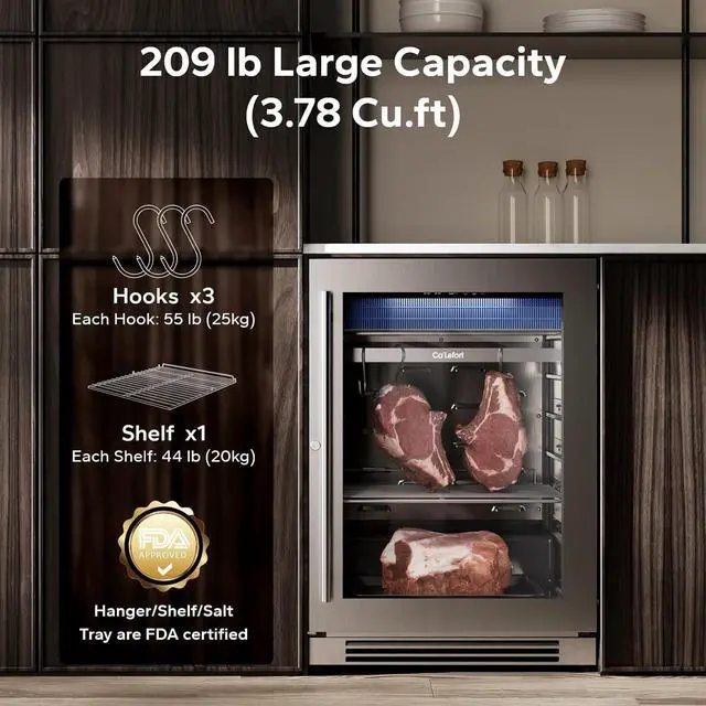 Alt view image 4 of 7 - Ca'Lefort Dry Age Fridge for Steaks, Dry Aging Fridge for Meat, Ribeye, Lamb & Ham, Holds 209 LBS, Built in/Freestanding Dry Ager Refrigerator Dual-Layer LOW-E Glass for Kitchen/Restaurant Beef Aging