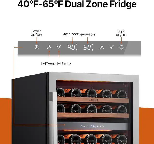 Alt view image 3 of 7 - Ca'Lefort 24 Inch 52 Bottle Wine Fridge & Cooler, 40-65°F Dual Zone Wine Refrigerator with 2-Layer Glass Door, Adjustable Shelves, 3 LED Lights, Built in/Freestanding for Home/Bar/Kitchen, 5.65 Cu.ft