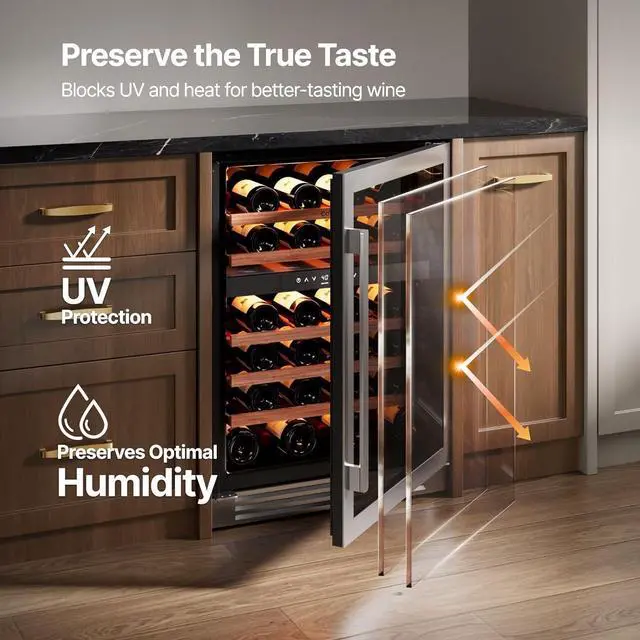 Alt view image 5 of 7 - Ca'Lefort 24 Inch 52 Bottle Wine Fridge & Cooler, 40-65°F Dual Zone Wine Refrigerator with 2-Layer Glass Door, Adjustable Shelves, 3 LED Lights, Built in/Freestanding for Home/Bar/Kitchen, 5.65 Cu.ft
