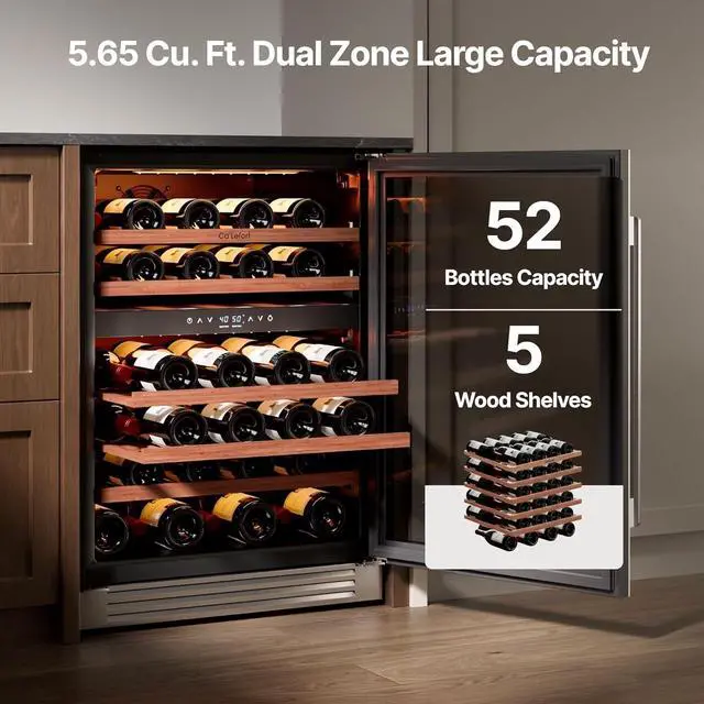 Alt view image 2 of 7 - Ca'Lefort 24 Inch 52 Bottle Wine Fridge & Cooler, 40-65°F Dual Zone Wine Refrigerator with 2-Layer Glass Door, Adjustable Shelves, 3 LED Lights, Built in/Freestanding for Home/Bar/Kitchen, 5.65 Cu.ft